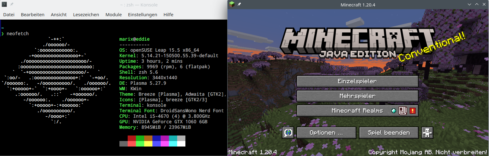 Bildschirmfoto eines laufenden Minecraft 1.20.4 auf openSUSE Leap 15.5